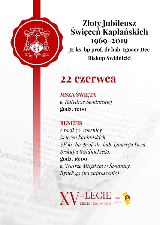 Zaproszenie na złoty jubileusz kapłaństwa JE Bpa Ignacego Deca